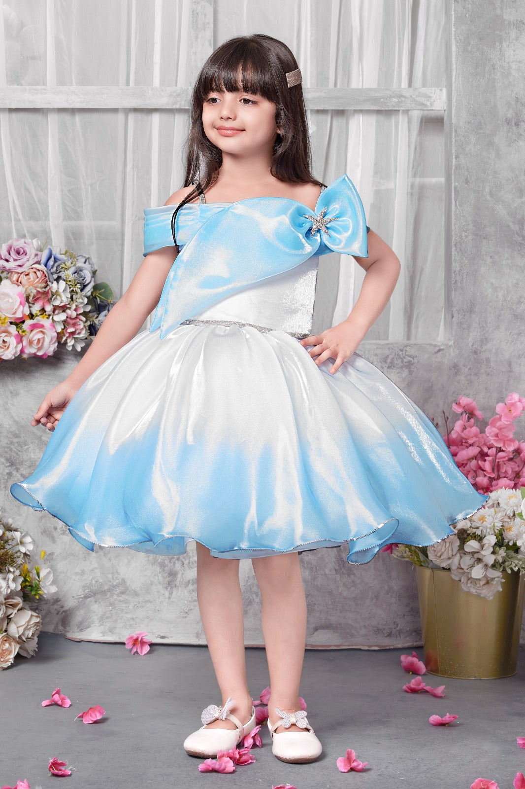 Elegant Blue & White Ombre Satin Party Dress for Girls with Shoulder Bow and Star Brooch - Inayah Fashion