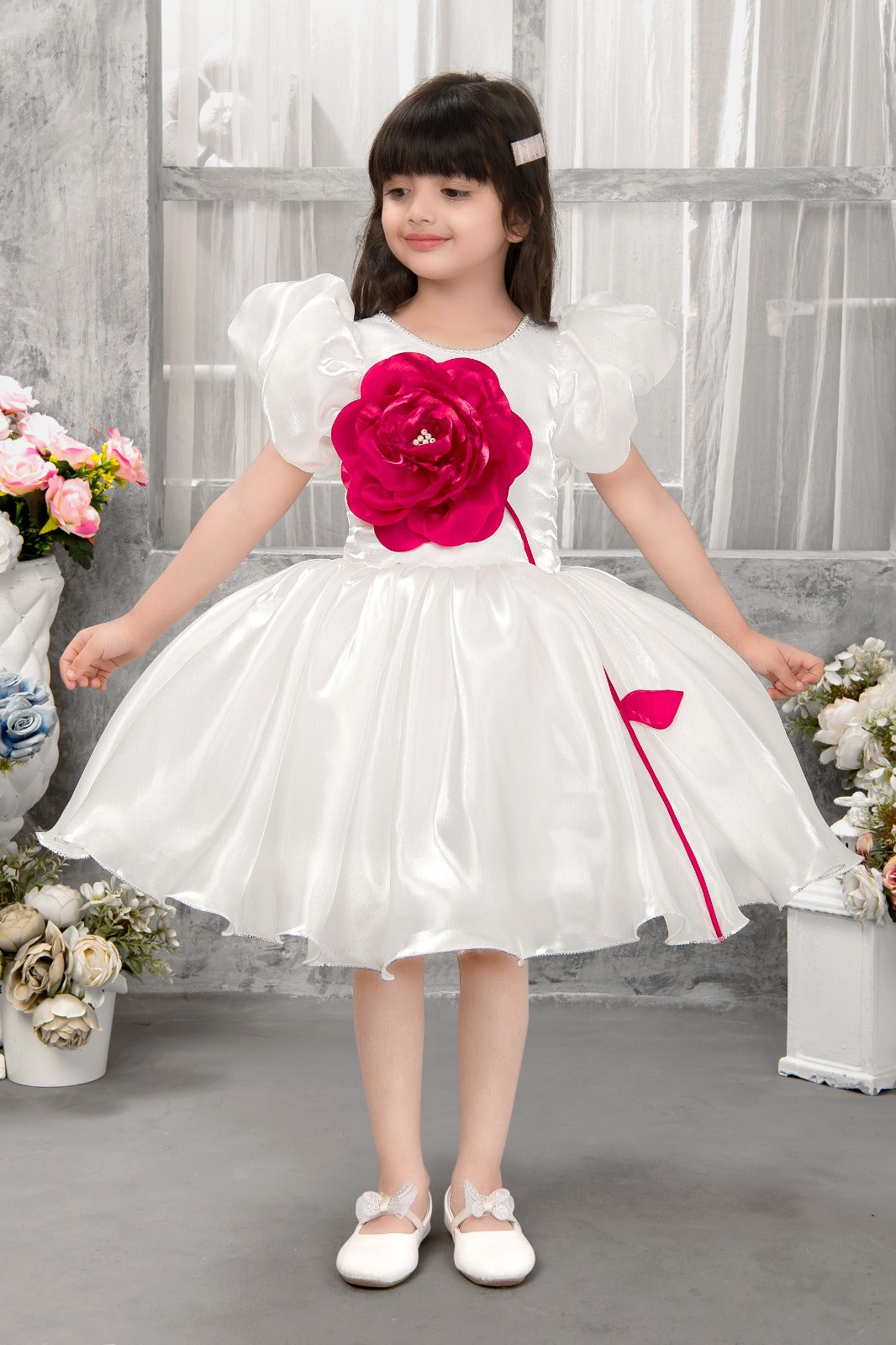 Premium White Satin Puffy Sleeves Party Frock for Girls with 3D Fuchsia Rose Embellishment - Inayah Fashion
