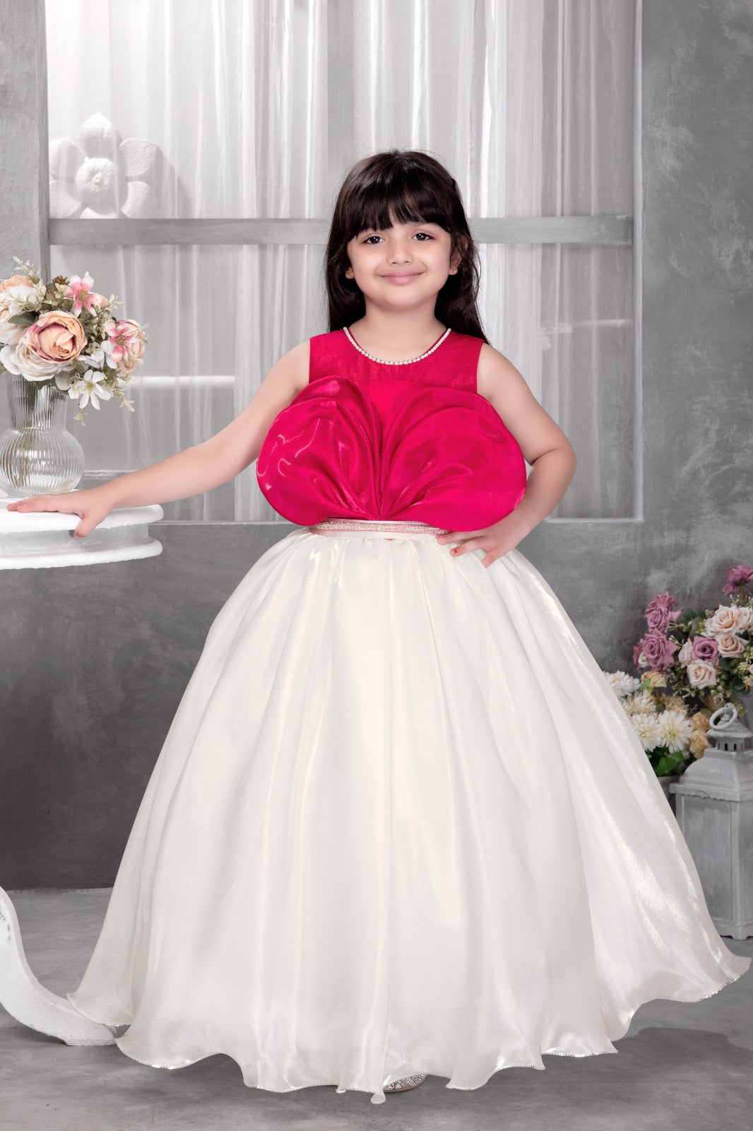 Magenta & White Full-Length Gown for Girls with Statement Bow Design – Elegant Sleeveless Party Dress - Inayah Fashion