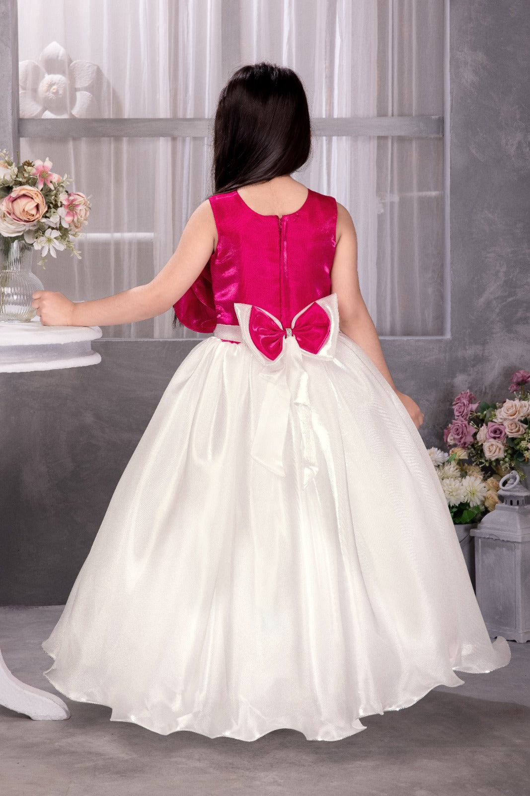 Magenta & White Full-Length Gown for Girls with Statement Bow Design – Elegant Sleeveless Party Dress - Inayah Fashion