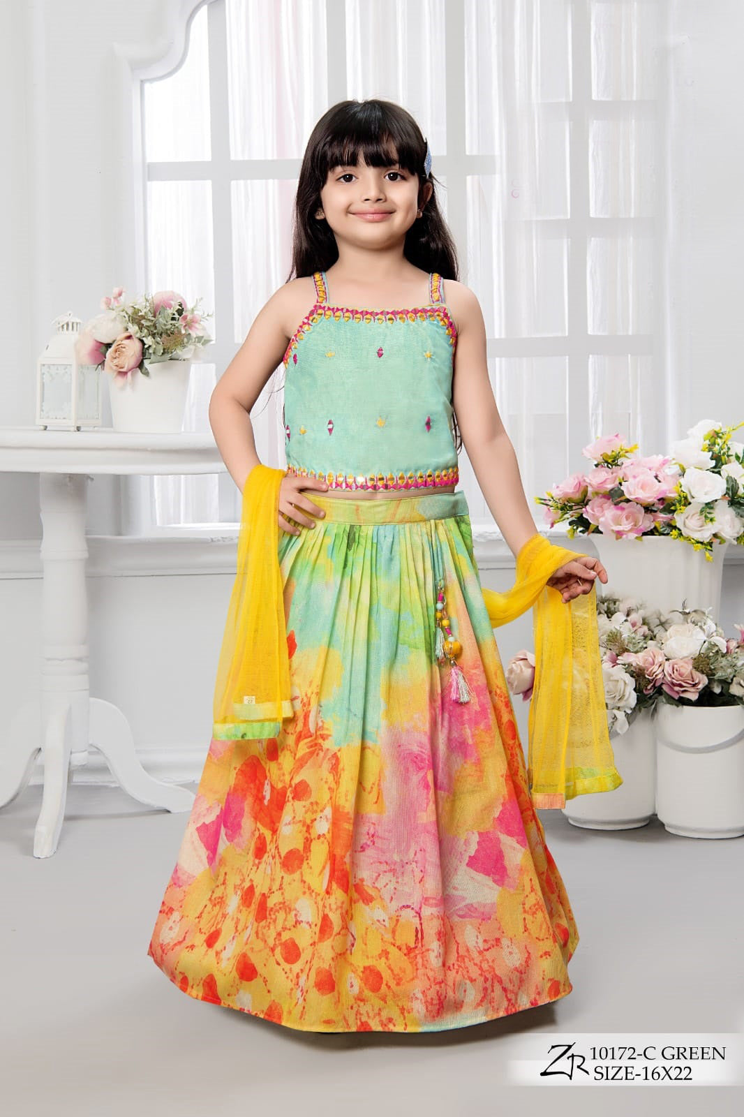 Girls Green Printed Lehenga Choli Set with Dupatta - Inayah Fashion