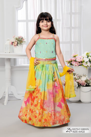 Girls Green Printed Lehenga Choli Set with Dupatta - Inayah Fashion