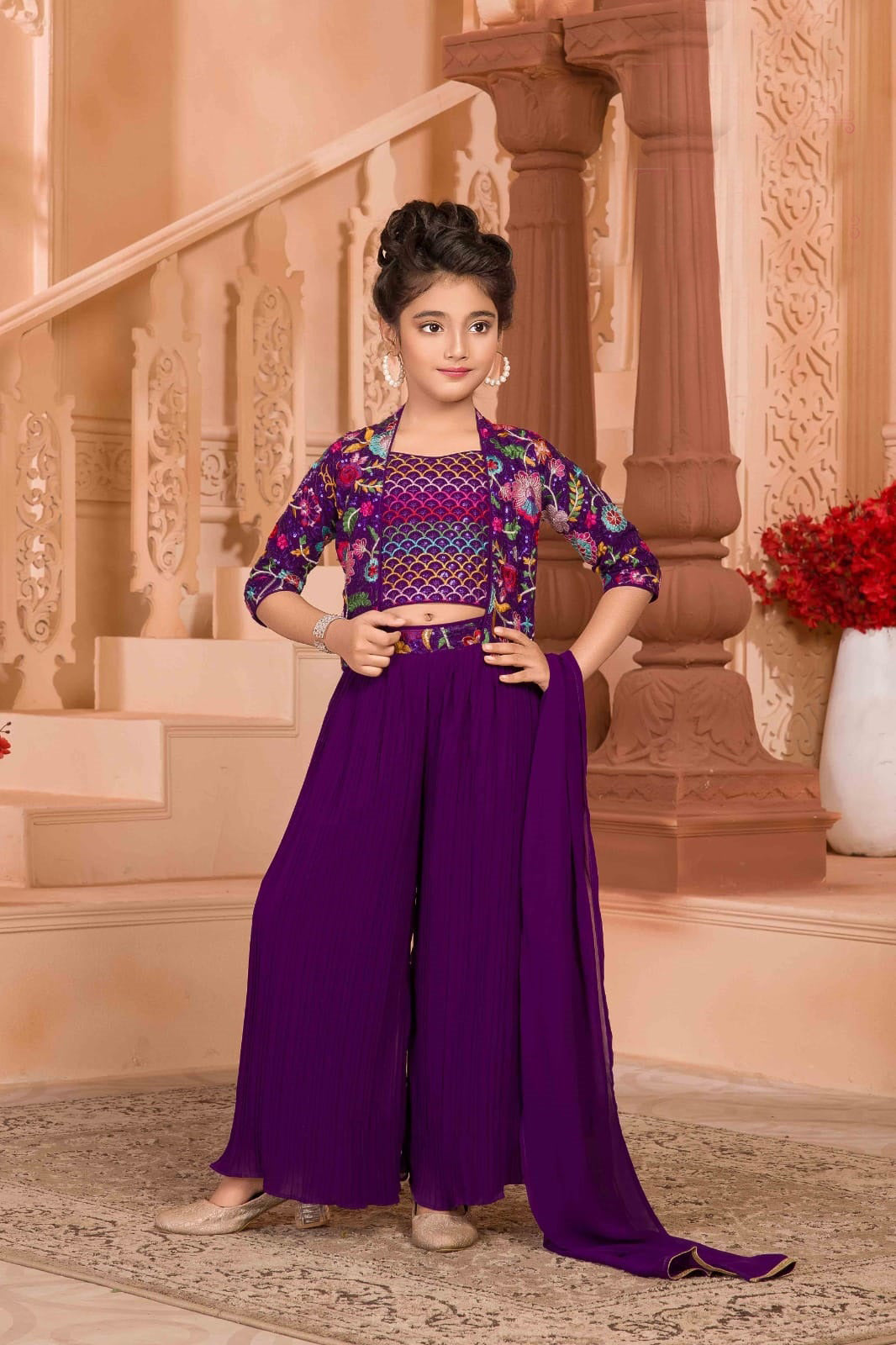 Girls Purple Ethnic Crop Top with Palazzo and Jacket - Inayah Fashion