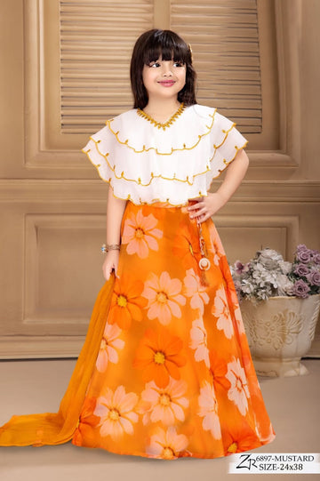 Charming Mustard Floral Cape Gown for Girls - Inayah Fashion