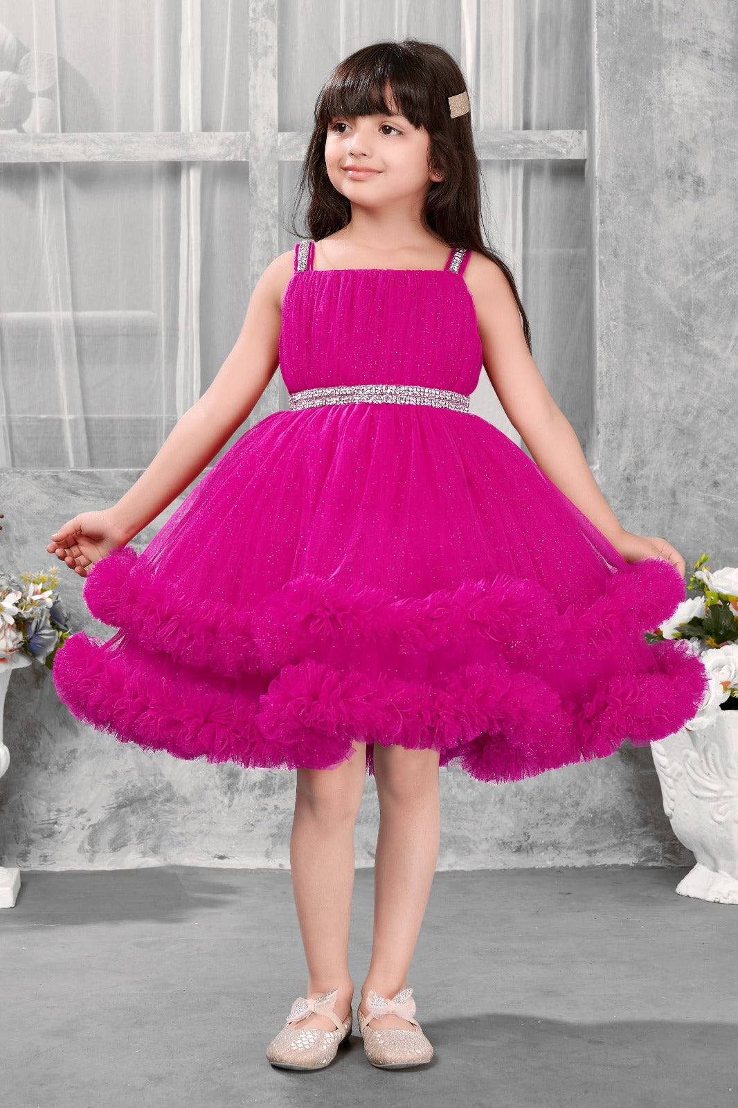 Fuchsia Layered Tulle Party Frock with Sequin Belt for Girls - Inayah Fashion
