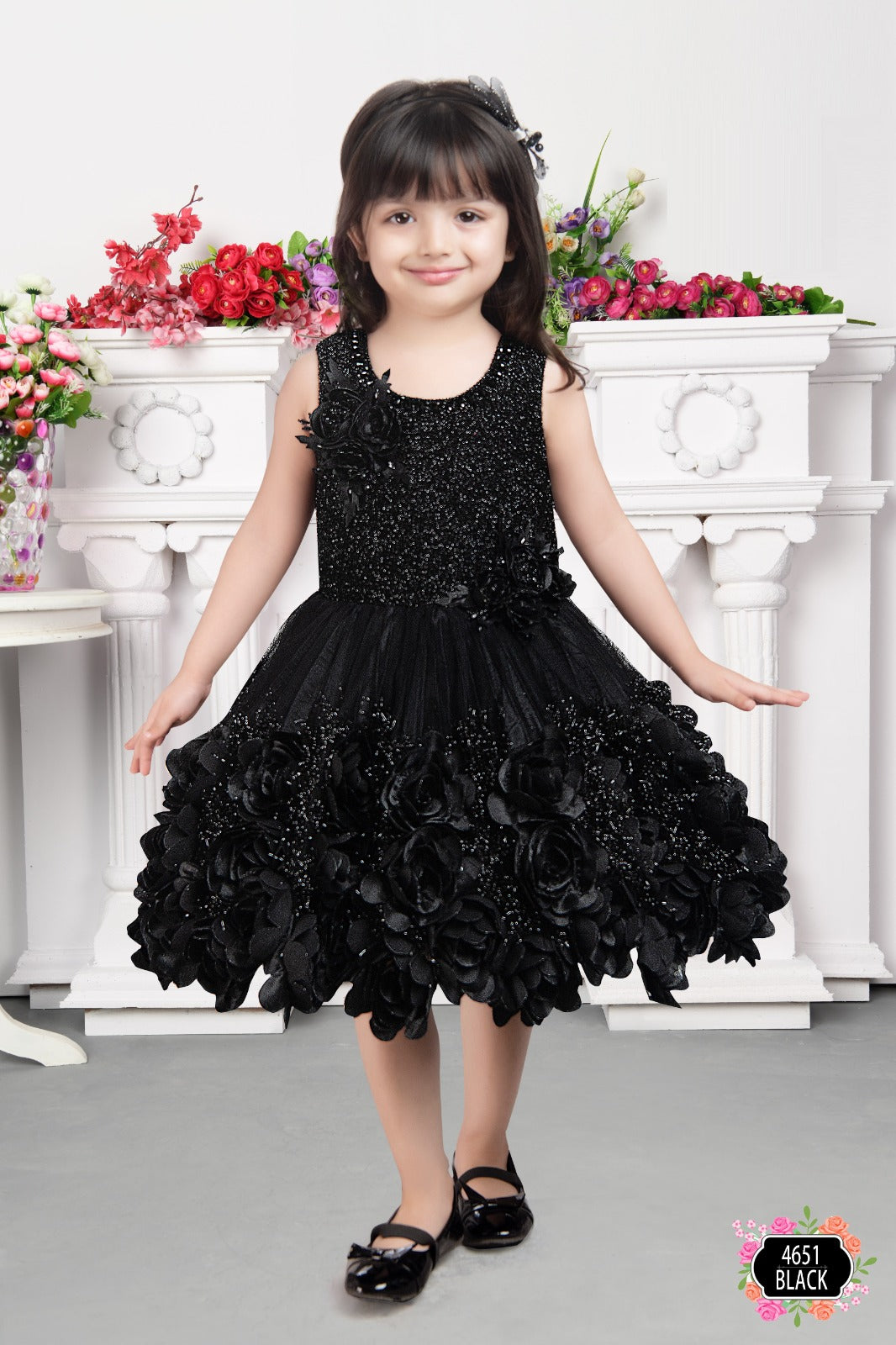 Midnight Bloom Sequin Party Dress – Black 3D Floral Dress for Girls - Inayah Fashion