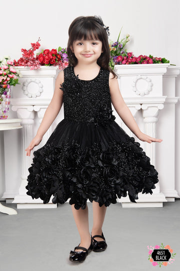 Midnight Bloom Sequin Party Dress – Black 3D Floral Dress for Girls - Inayah Fashion