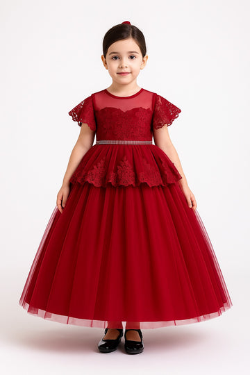Royal Red Net Gown with Lace Cape and Embellished Waist - Inayah Fashion