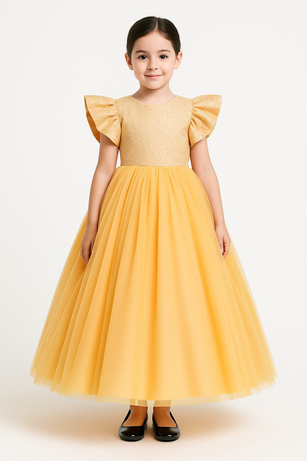 Golden Yellow Party Gown for Girls with Glitter Bodice & Flared Tulle Skirt - Inayah Fashion
