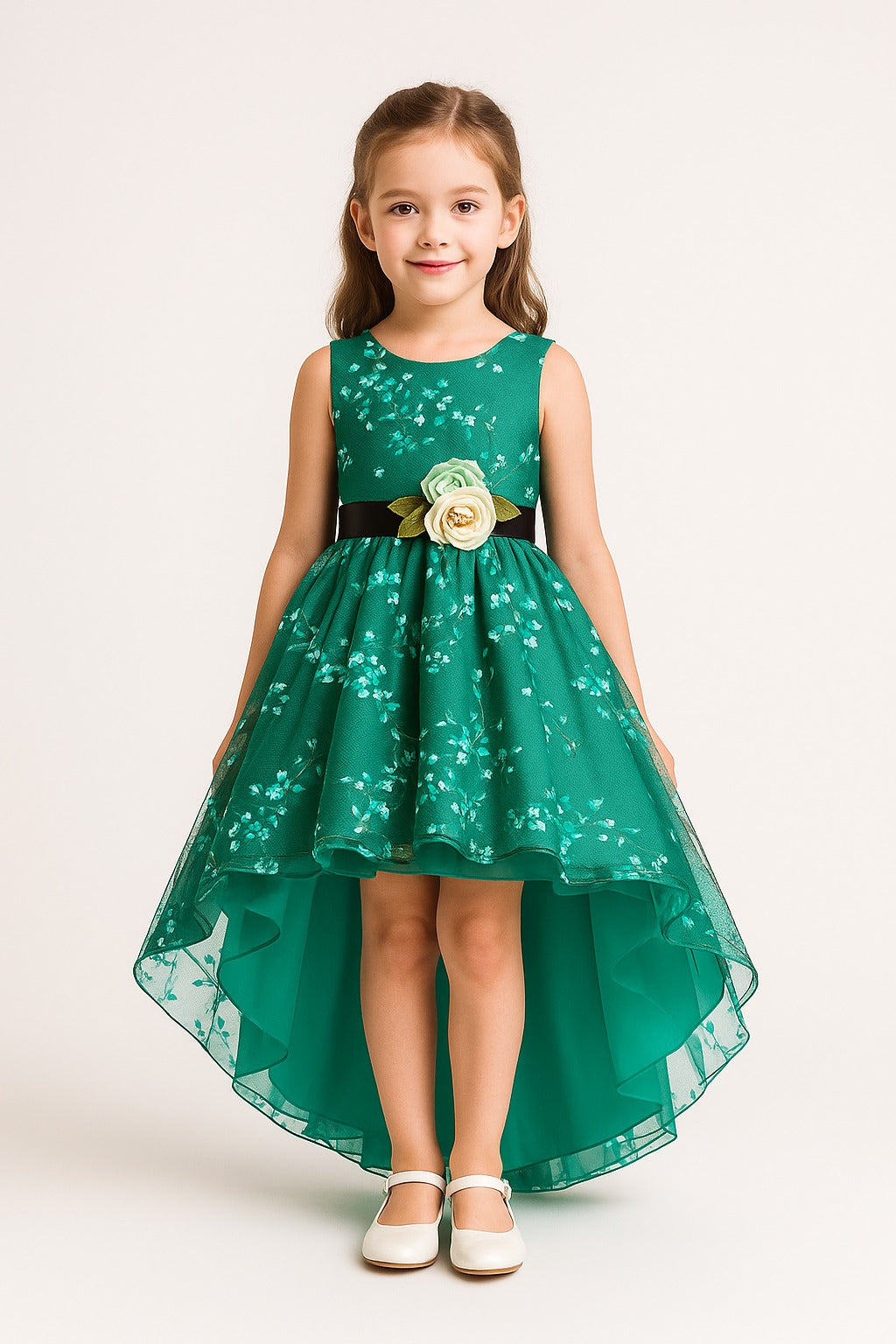 Elegant Emerald Blossom High-Low Party Gown with Floral Appliqué and Satin Belt - Inayah Fashion
