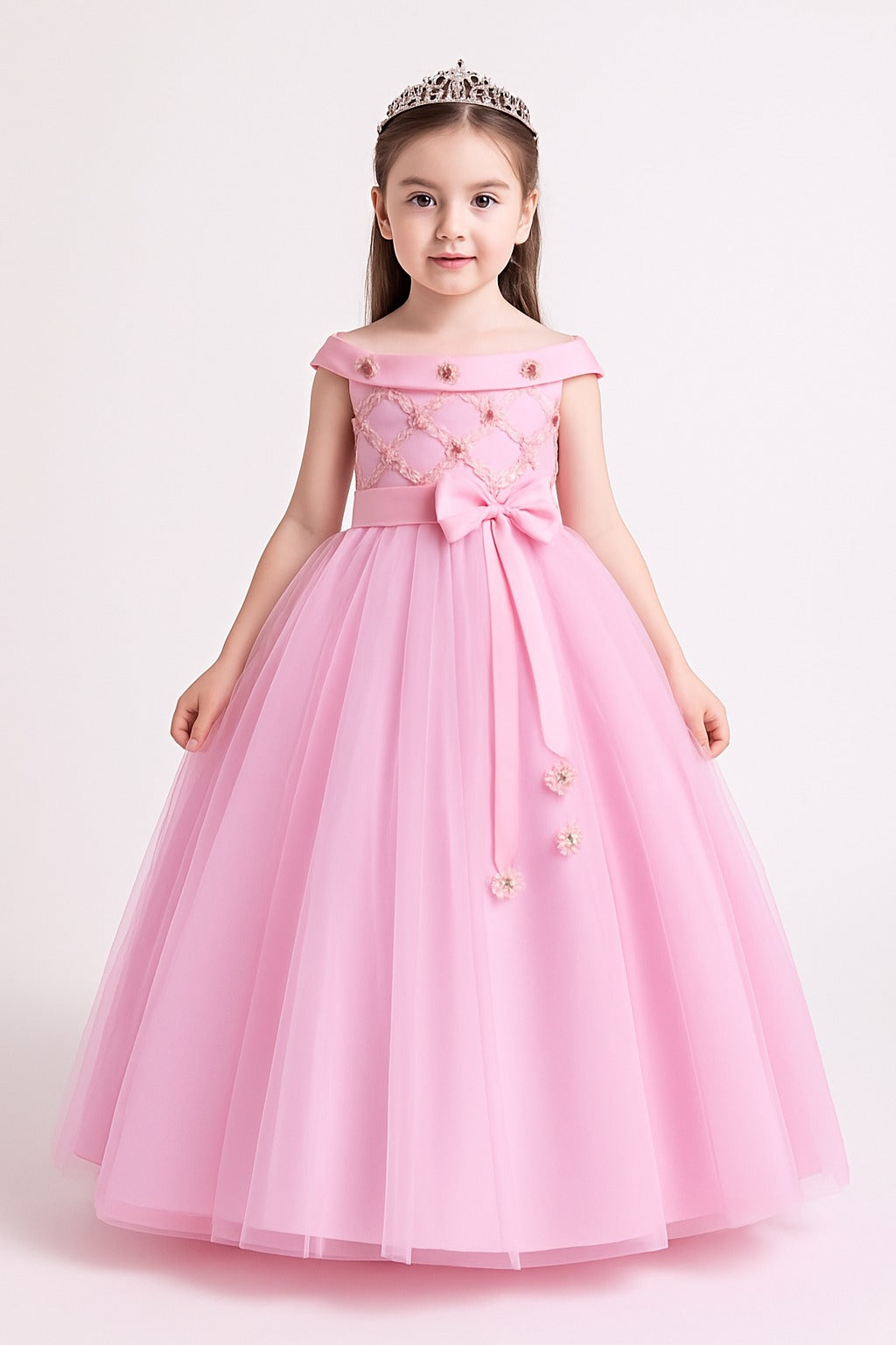 Graceful Pink Off Shoulder Gown for Girls with Satin Bow and Beaded Floral Embellishments - Inayah Fashion