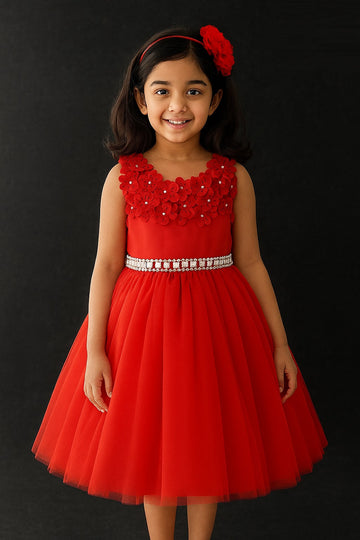 Red sleeveless party dress for girls with 3D flower neckline and pearl waistband