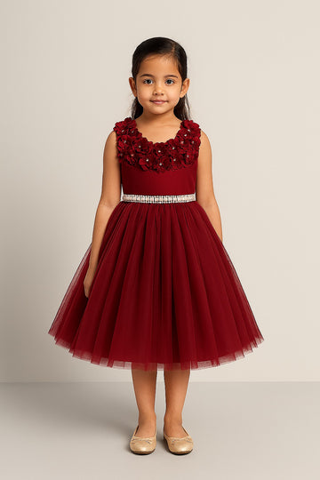 Elegant Red Knee Length Party Dress for Girls with 3D Floral Neckline and Pearl Belt - Inayah Fashion