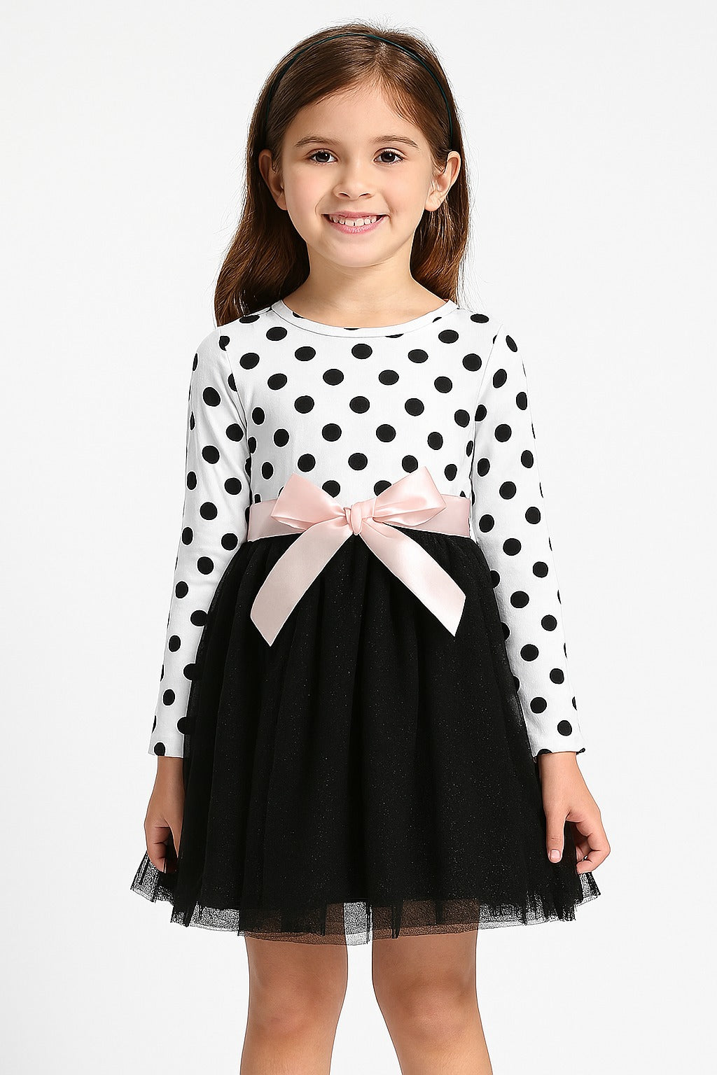 Black & White Polka Dot Party Dress for Girls with Bow – Full Sleeve Winter Frock - Inayah Fashion