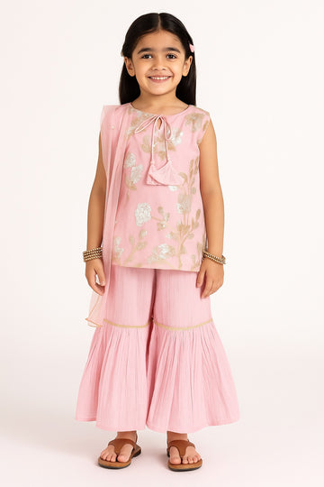 Blush Pink Floral Sequin Kurta with Gharara Set for Girls – Festive & Party Wear - Inayah Fashion