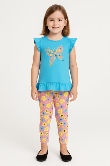 Girls Blue Butterfly Top with Floral Printed Leggings – 2-Piece Cotton Set for Daily Wear - Inayah Fashion