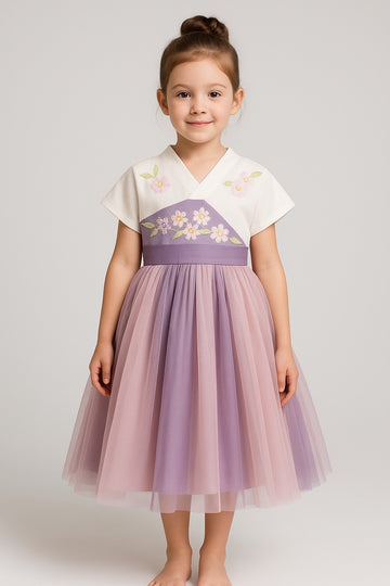 Elegant Lavender and White Hanbok Style Dress for Girls with Floral Embroidery - Inayah Fashion