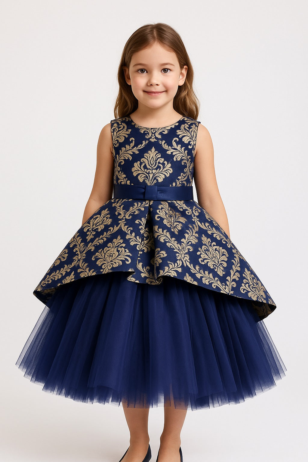 Royal Blue & Gold Brocade High-Low Gown for Girls with Layered Tulle - Inayah Fashion