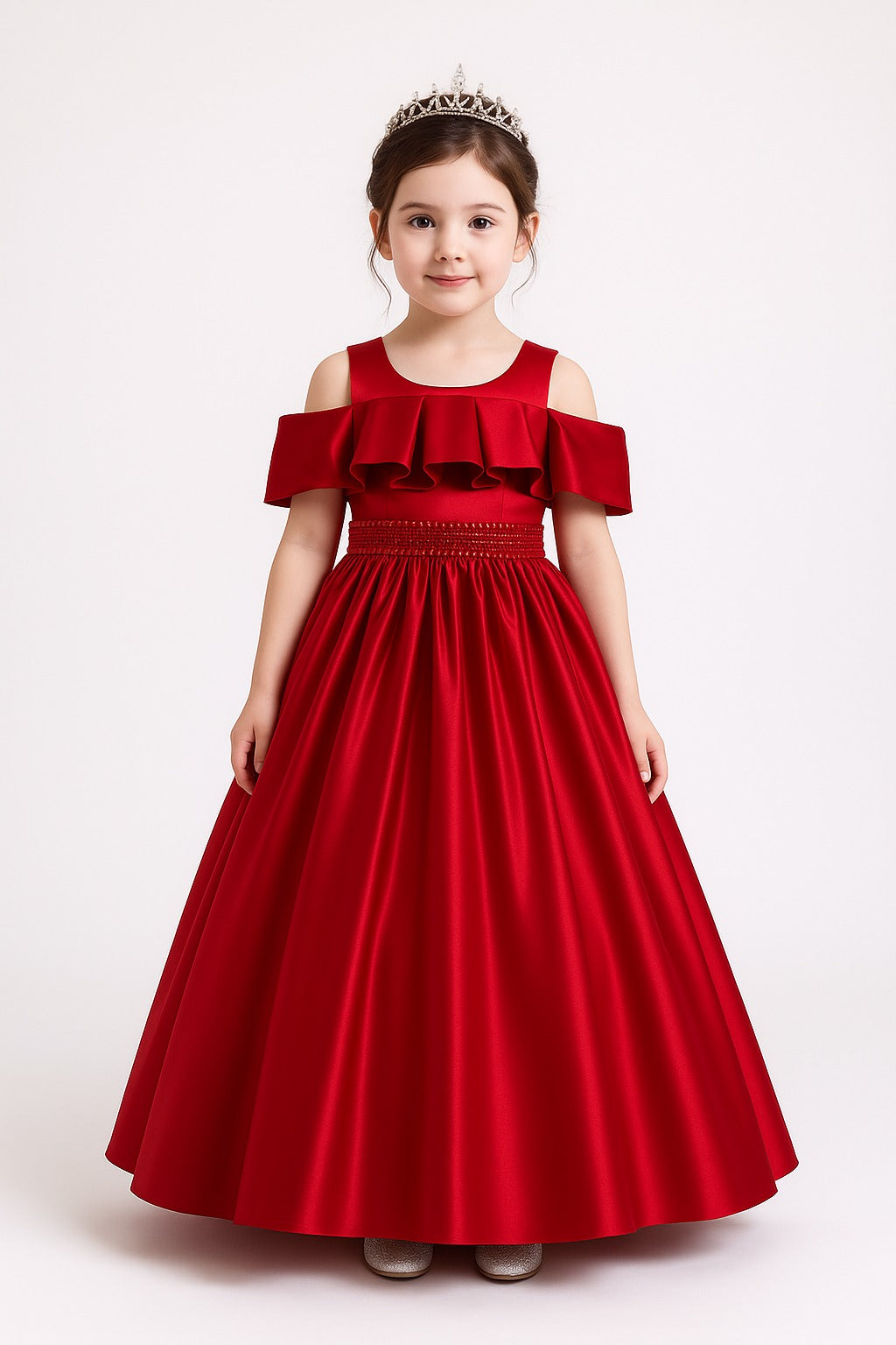 Elegant Red Cold Shoulder Gown for Girls – Floor Length Party Dress - Inayah Fashion