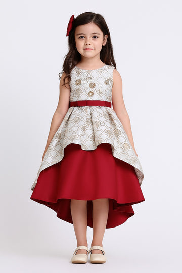 Elegant Maroon & Beige Party Gown for Girls with High-Low Layered Design - Inayah Fashion