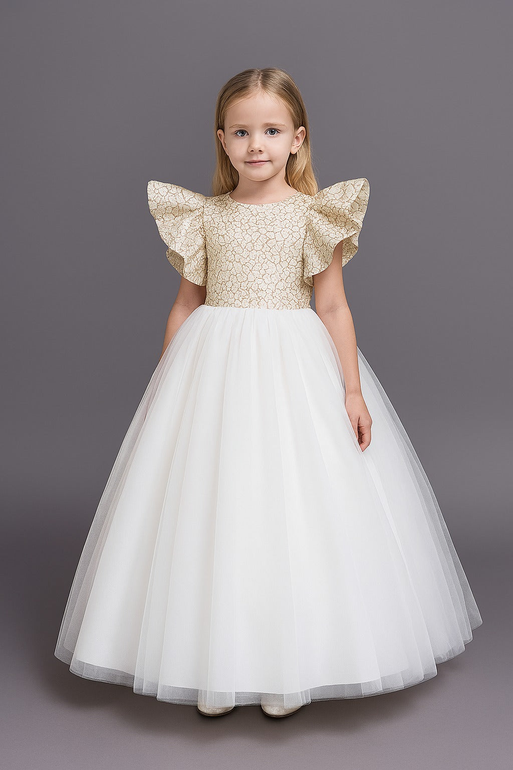 Elegant White Party Gown for Girls with Designer Glitter Bodice & Puffy Sleeves - Inayah Fashion