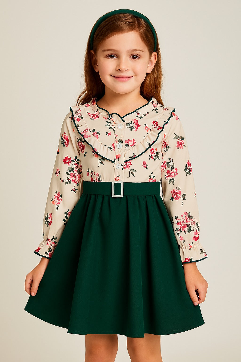 Vintage-Inspired Floral & Forest Green Baby Girl Dress – Full Sleeve Dress - Inayah Fashion