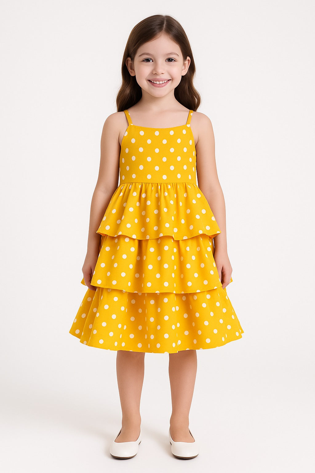 Girls Yellow Polka Dot Dress – Sleeveless Layered Summer Frock with Straps - Inayah Fashion