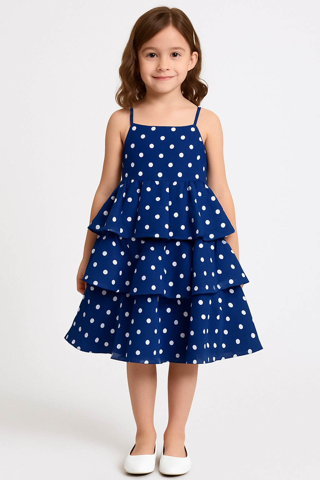 Navy blue polka dot tiered sleeveless dress for girls