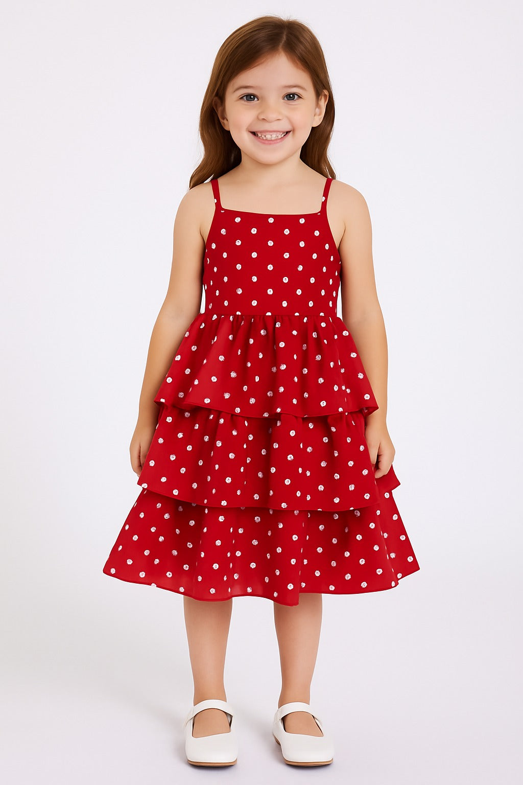 Red Polka Dot Layered Dress for Girls – Sleeveless Ruffle Party Frock - Inayah Fashion