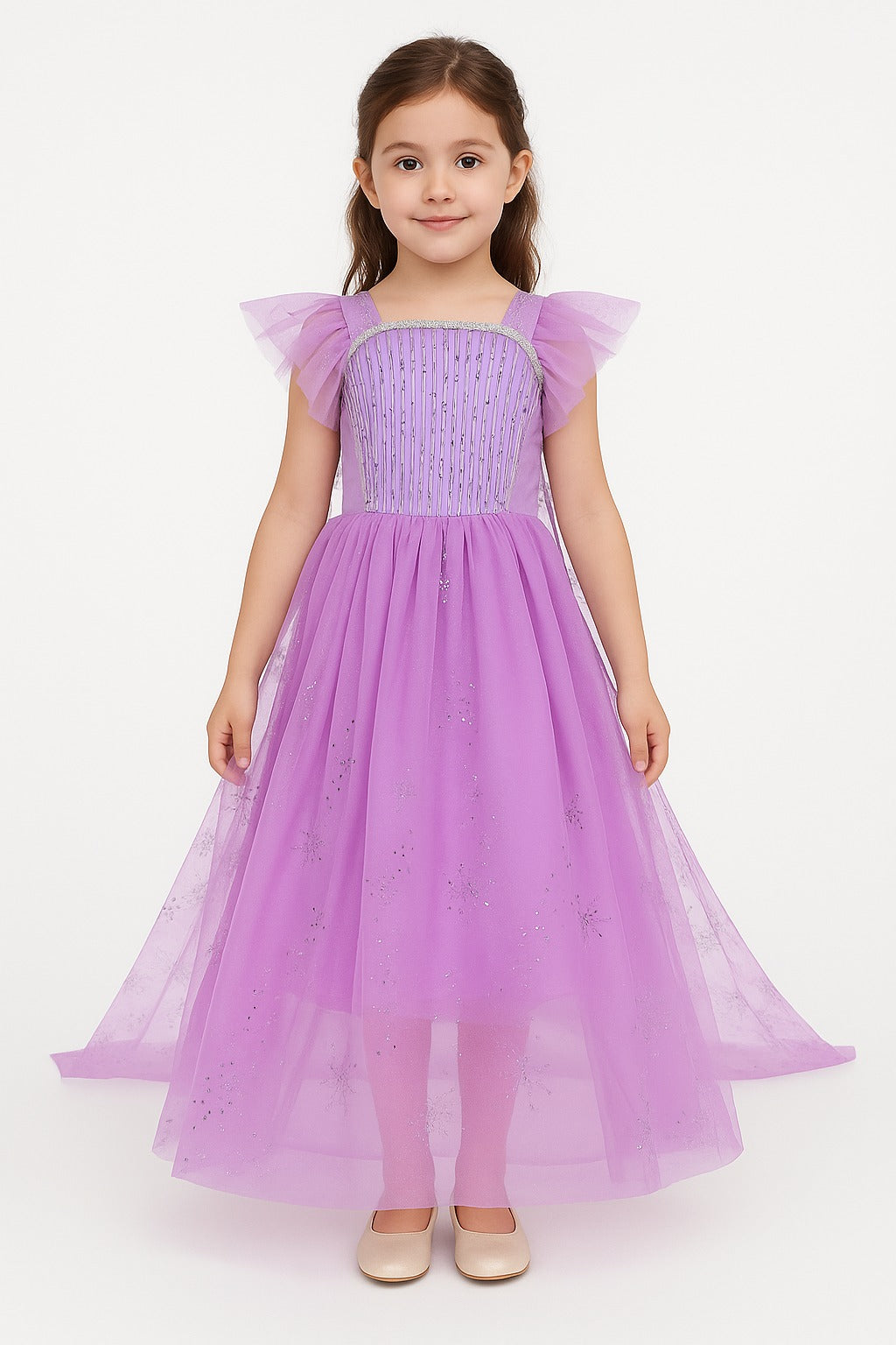 Lavender Princess Elsa-Inspired Sparkle Gown with Snowflake Cape - Inayah Fashion