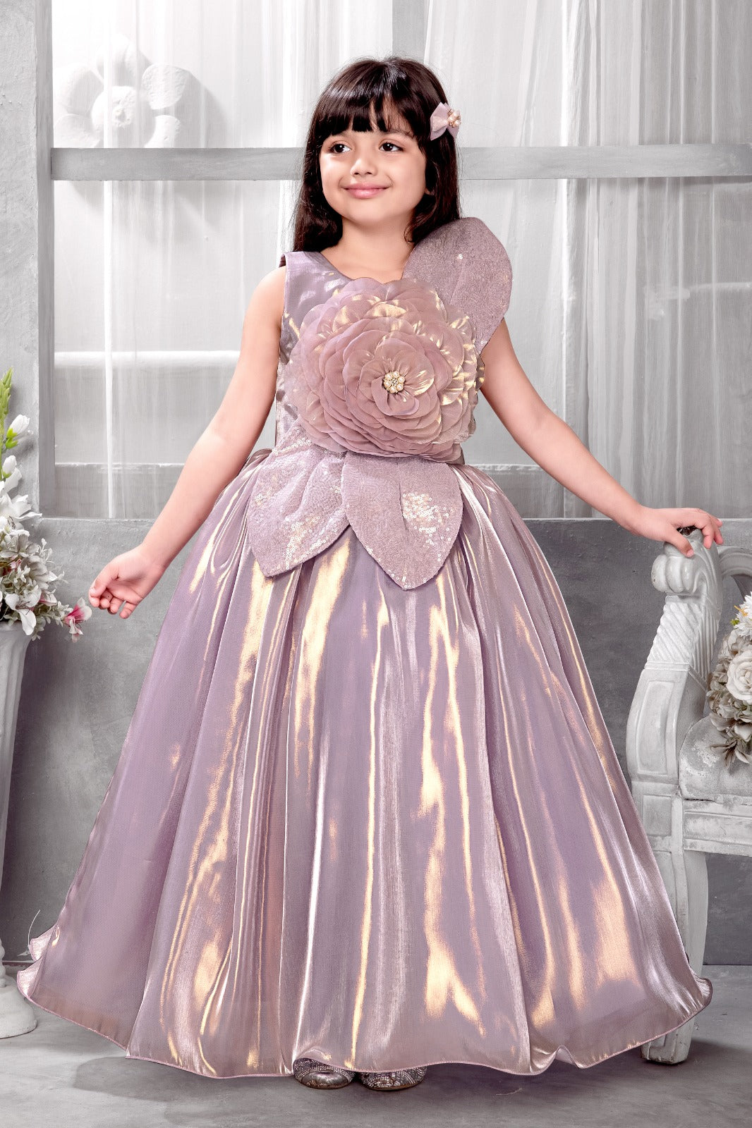 Lavender Iridescent Flower Appliqué Ball Gown for Girls – Shimmer Organza Princess Dress with 3D Floral Petal Design - Inayah Fashion