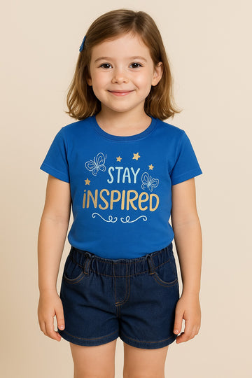 Royal blue girls t-shirt with 'Stay Inspired' print and denim shorts
