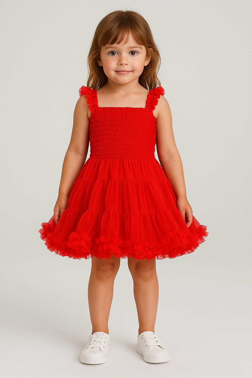Bright Red Frill Net Party Dress for Baby Girls – Sleeveless & Stretchable - Inayah Fashion