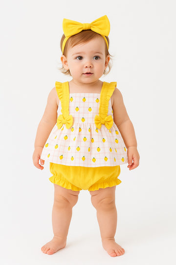 Lemon-print baby girl set with sleeveless top, bloomers, and matching headband