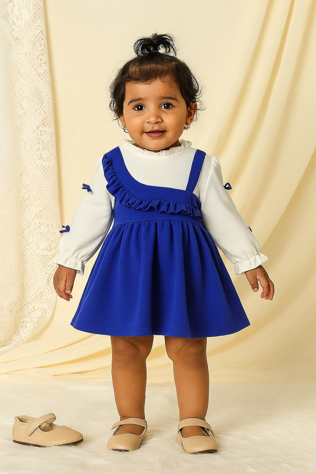 ct Name: Royal Blue Layered Baby Girl Dress – Full Sleeve White Ruffled Inner Top Dress - Inayah Fashion