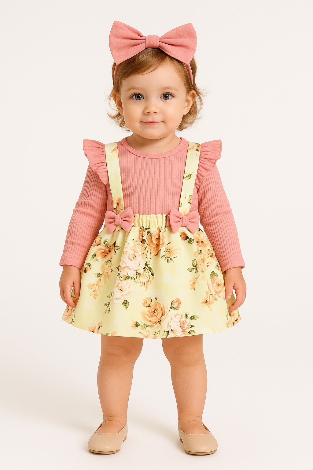 Adorable Pink Ruffle Top and Floral Suspender Skirt Set for Girls - Inayah Fashion