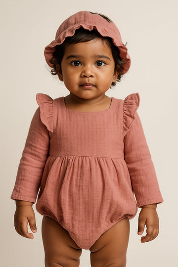 Barbie Pink Floral Applique Full Sleev Lace Baba Suit With Cap - Inayah Fashion