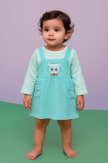 Cool Bear Embroidered Baby Girl Dress – Long Sleeve Striped Inner with Dungaree-Style - Inayah Fashion