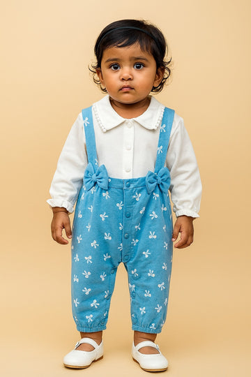Bow-Printed Baby Girl Romper with Peter Pan Collar – Long Sleeve Cotton Blend Jumpsuit - Inayah Fashion