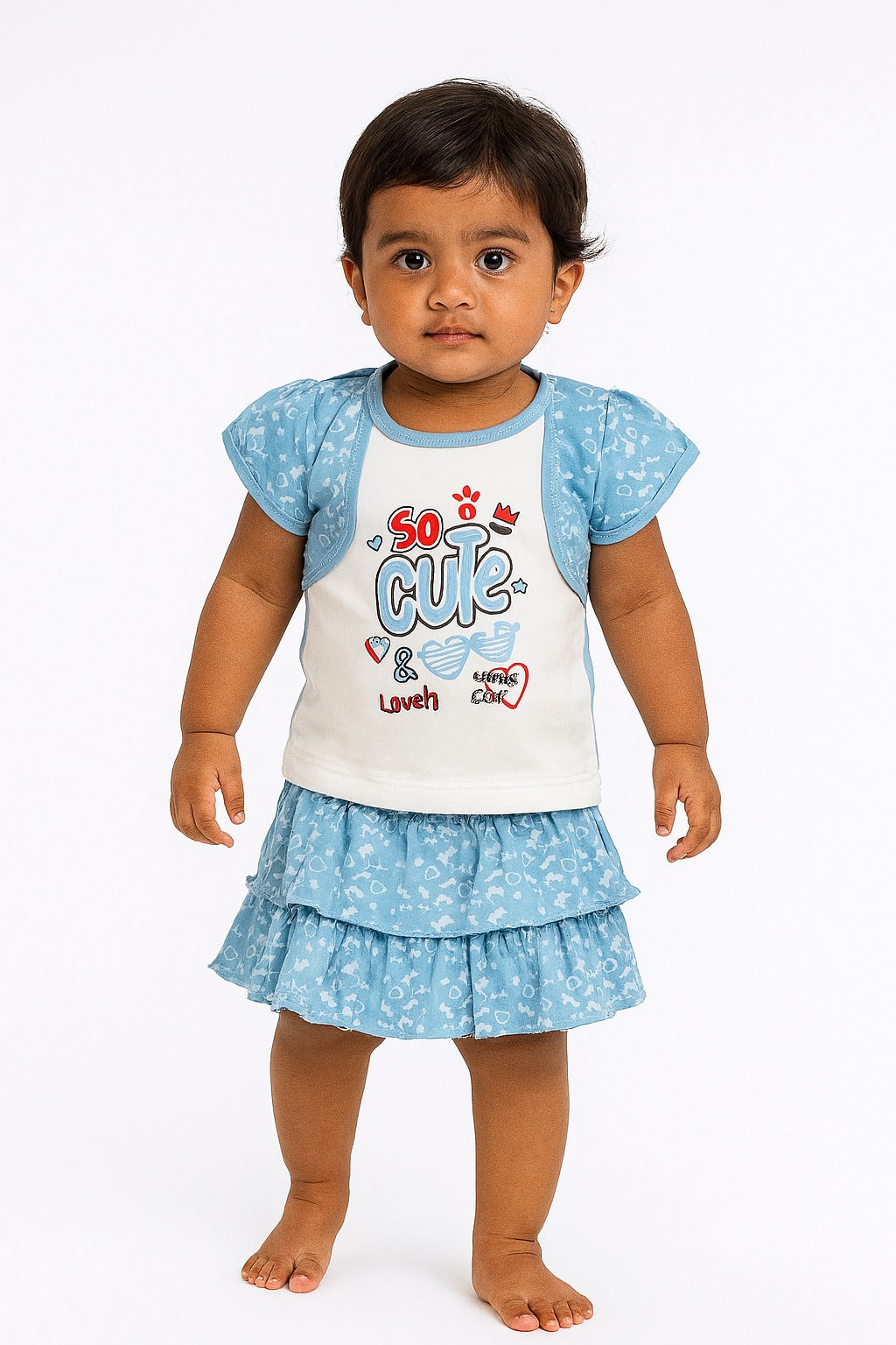 Printed Baby Girl Skirt Set – Short Sleeve Top with Layered Ruffle Skirt – Soft Cotton Outfit - Inayah Fashion