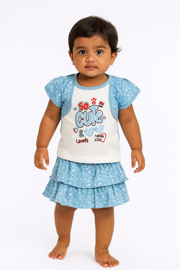 Printed Baby Girl Skirt Set – Short Sleeve Top with Layered Ruffle Skirt – Soft Cotton Outfit - Inayah Fashion