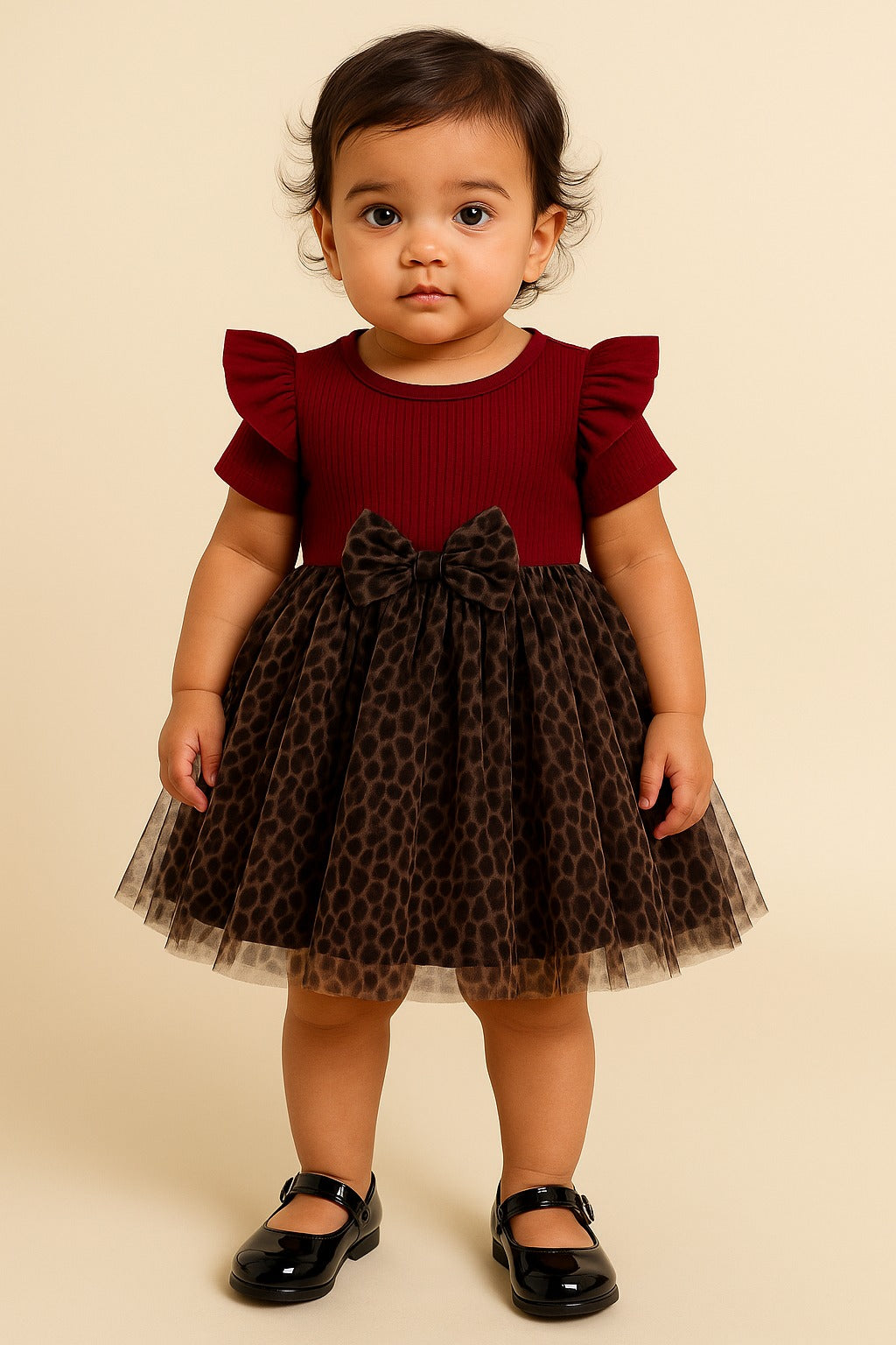 Trendy Maroon & Leopard Print Baby Girl Dress – Ribbed Puff Sleeve Top with Layered Animal Print Net Dress - Inayah Fashion