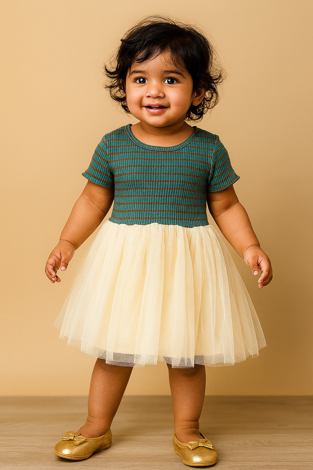 Casual Green Striped Cotton & Tulle Party Dress for Baby Girls – Everyday Comfort Wear - Inayah Fashion