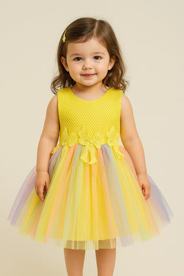 Yellow net bodice party frock for baby girls with 3D floral waist and rainbow tulle skirt