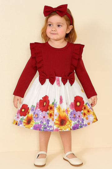 Red Ruffle Long-Sleeve Dress with Floral Skirt and Bow Headband for Girls - Inayah Fashion