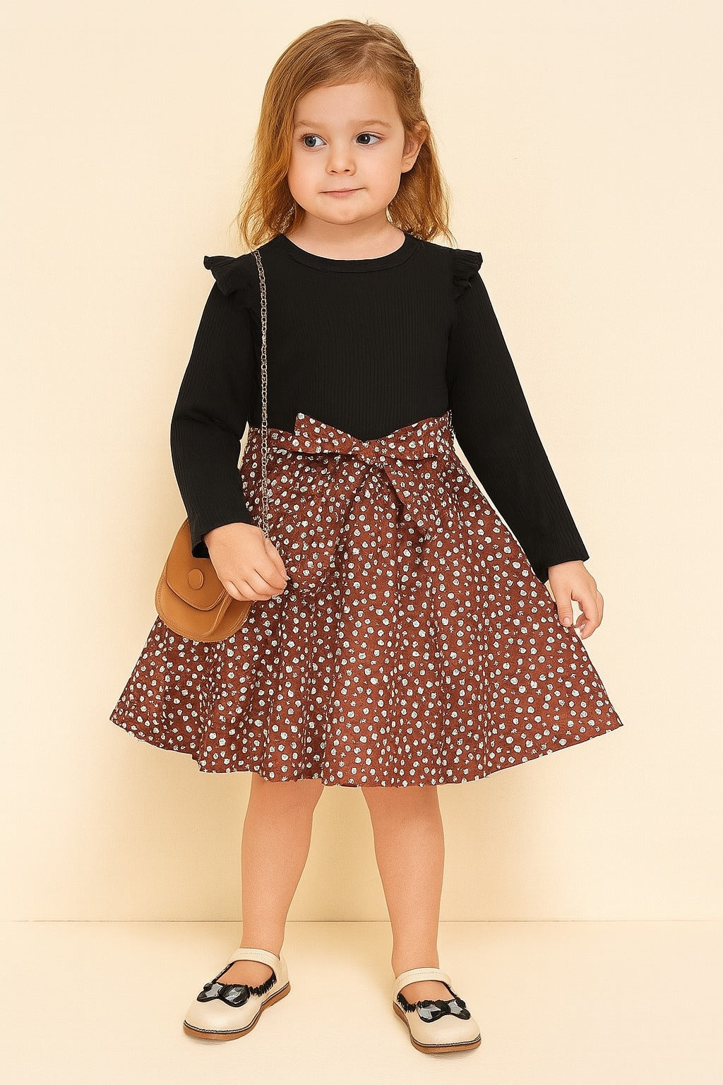 Black Ruffle Long-Sleeve Top with Brown Floral Skirt and Bow for Girls - Inayah Fashion
