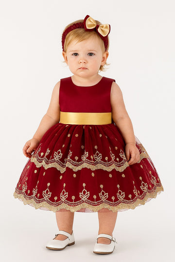 Maroon & Cream Baby Girl Party Frock with Matching Headband – Embroidered Tulle Dress for Birthdays & Special Events - Inayah Fashion
