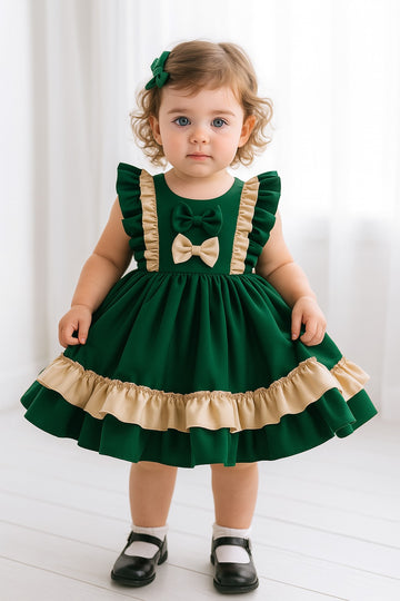 Emerald Green Frock with Beige Frills & Bows - Inayah Fashion