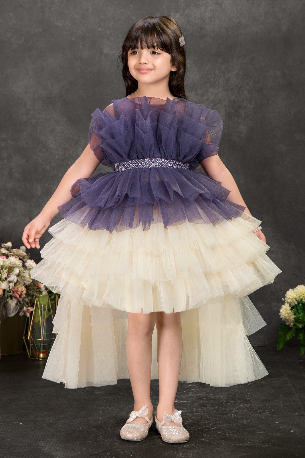 Luxury High-Low Ruffle Tulle Party Dress for Girls – Purple and Cream Designer Gown with Embellished Waistband - Inayah Fashion