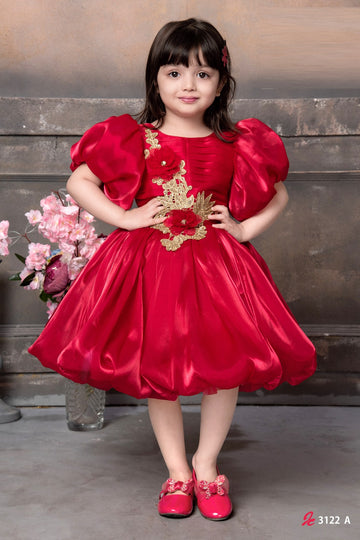 Red Puff-Sleeve Party Dress with Golden Floral Appliqué for Girls - Inayah Fashion